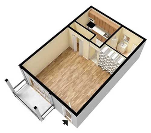 Floor plan for 2 beds, 1 bath, 864 sqft